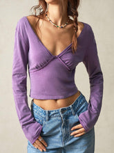 Women's Solid Color Fitted V-Neck Long Sleeve Knitted T-Shirt